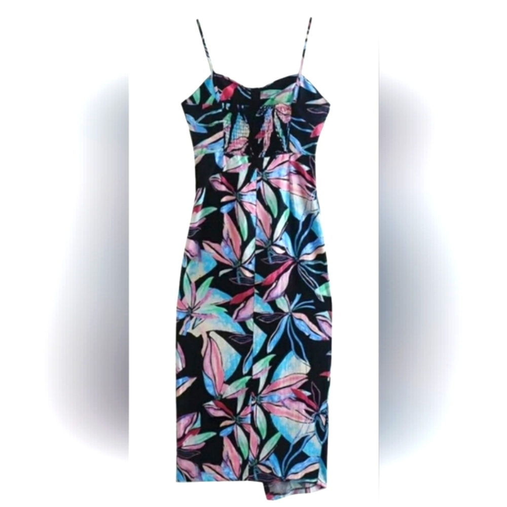 🆕️Zara Linen Floral Tropical Black & Pink Corset Faux Wrap Summer Dress - Picture 2 of 14